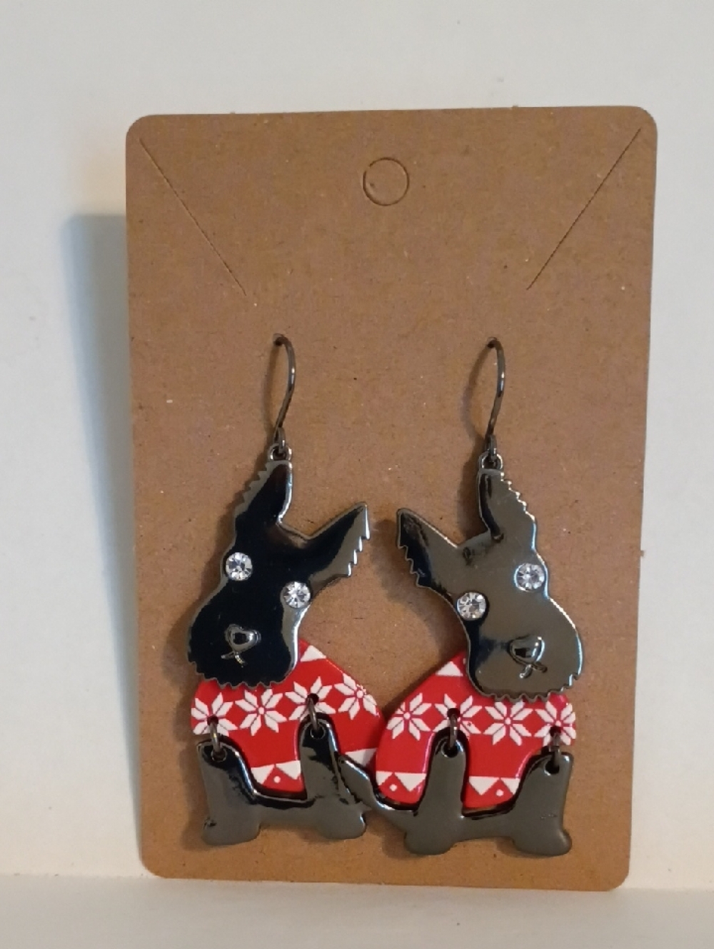 Scottie Dog Dangle Earrings Red Plaid Rhinestone Novelty Jewelry